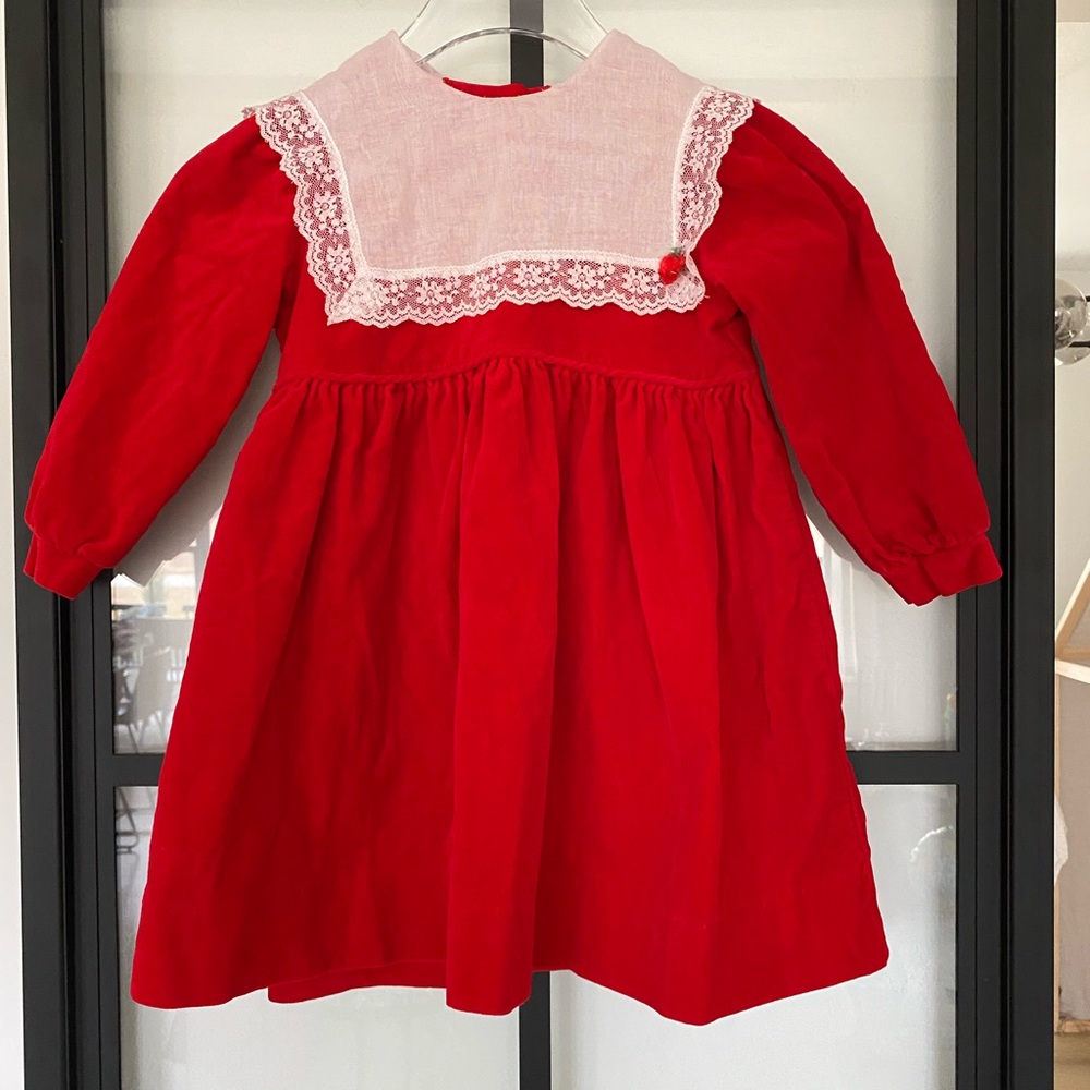 Vintage Little Star Girls Red Velvet Lace Long Sleeve A-Line Dress Size 4T